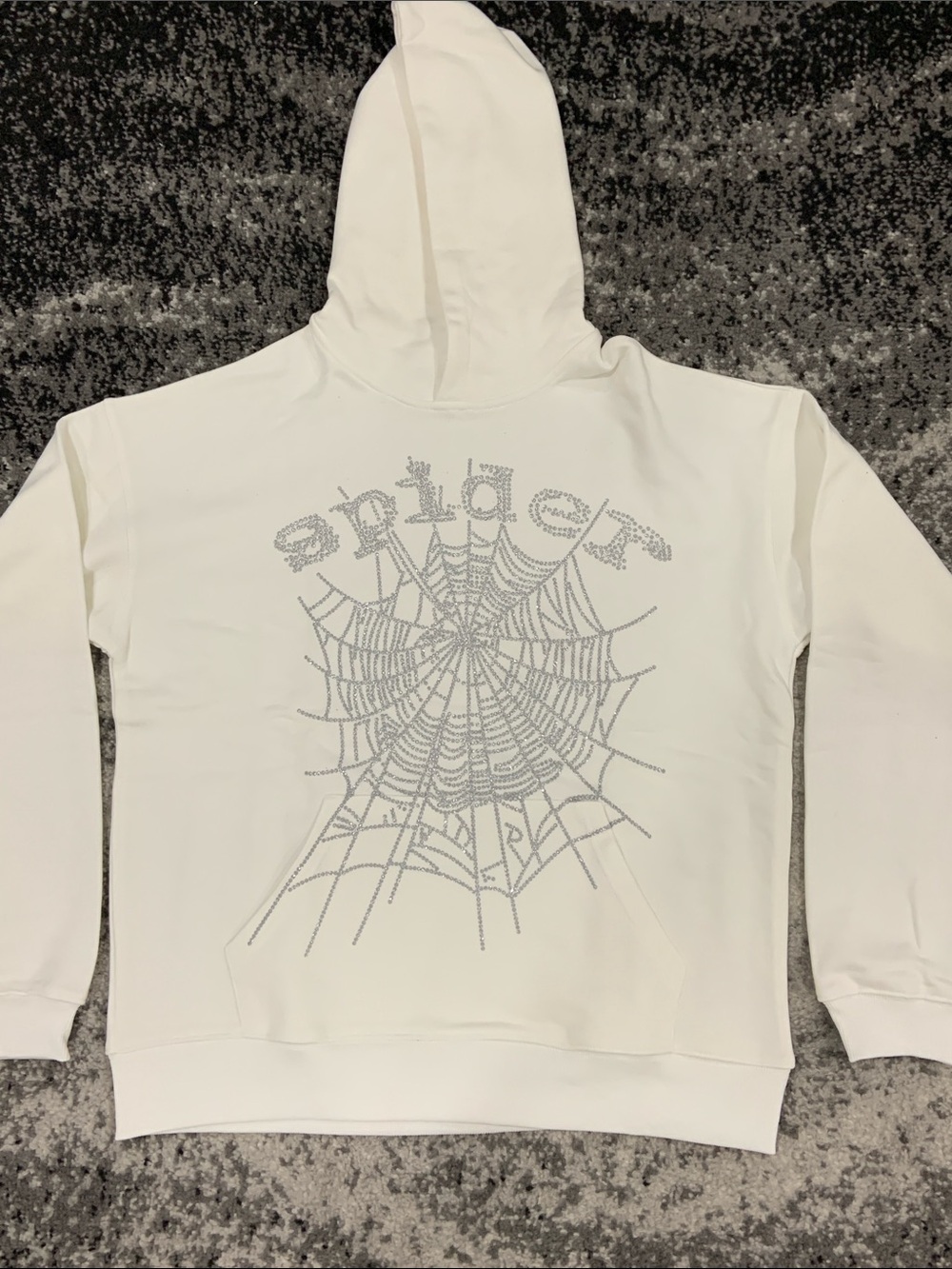 Sp5der White Rhinestone Spider Web Pullover Hoodie for Men’s Size Large